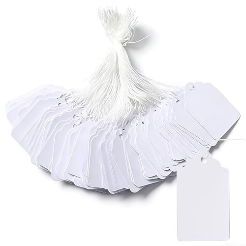 Writable Price Labels Tag Stickers Display Tags with Hanging Strings Quick Identification & Reusable Item Organization for Clothing Jewelry Gifts (White 100)