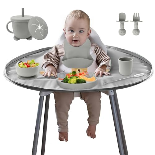Baby Geschirrset,13er Set Kindergeschirr,Hochstuhl Tischplatte Set,Esslernlöffel Baby,Schnabeltasse Baby,Silikon Lätzchen,Baby Teller mit Saugnapf