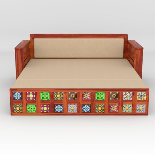 Image of Solid Sheesham Wood Sofa Cums Bed with Mattress & Storage | Rosewood Convertible Sofa Bed for Living Room & Bedroom (F-Honey Finish, 3 Seater)