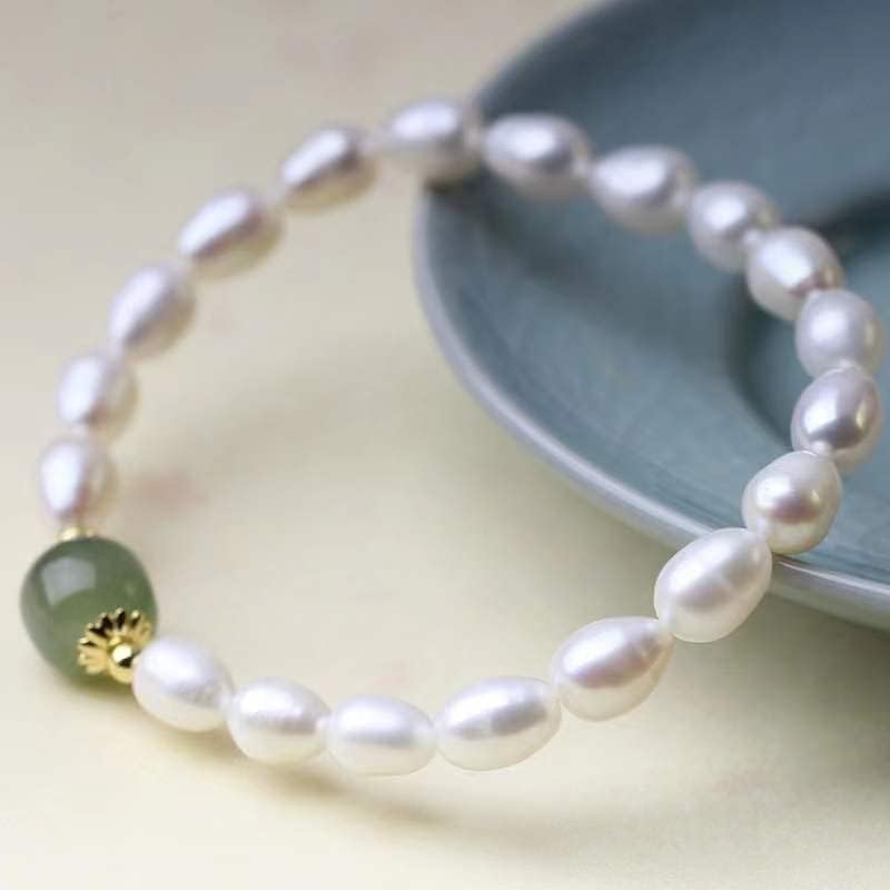 Green Jade Pearl Bracelet for Women, Natural Baroque Freshwater Pearls, 14K Gold Plated Beaded Stretch Bracelet, Lucky Jewelry Gift for Her (Pearl with Green Jade) - Image 3