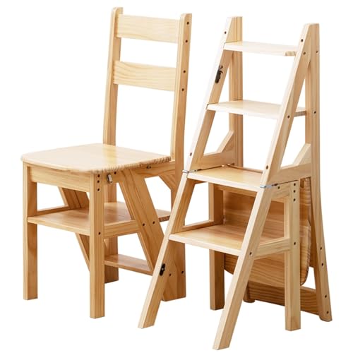 Escalera de 4 peldaños, plegable, 2 en 1, escalera y silla, plegable, escalera de madera, hasta 180 kg, adecuada para cocina, hogar, bibliotecas y otros