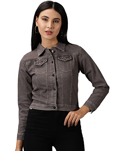 Image of SHOWOFFFF Women Solid Denim Jacket | Spread Collar Full Sleeves Denim Jacket for Womens | Regular Fit Regular Length Jacket for Women's