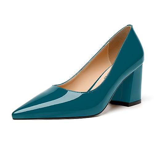 JUSTDANNI Womens Comfortable Party Pointed Toe Fashion Patent Slip On Block High Heel Pumps Shoes 2.5 Inch