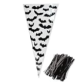 Van Der Linn Pack of 100 Halloween Sweet Cones, Bat themed Clear Treat Bags with Twist Ties (17x33 (Bat w/Black Twist Tie) 100PCS)
