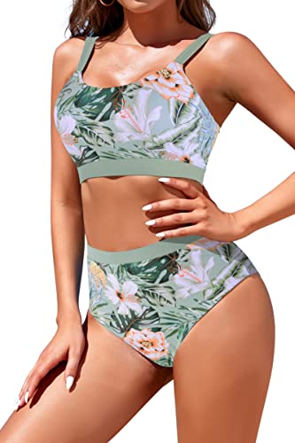 Image of Womens High Waisted Bikini Sets Sporty Crop Top Color Block Swimwear Bandeau Scoop Neck Vintage Two Piece Bathing Suits