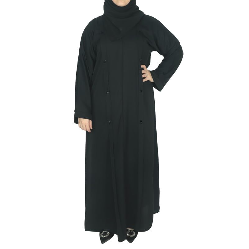 Women's Elegant Closed Abaya, Pleated Style | Triangle Pipe Work | Matching Head Scarf | Everyday/Office Wear| Nida| Black| Made in UAE