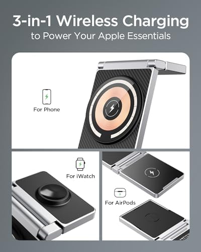 Hohosb Magnetic Charging Station, 3 in 1 Foldable Zinc Alloy Wireless Charger Stand[Compatible with Magsafe Charger] for iPhone 15/14/13/12 Series, AirPods Pro/3/2,Apple Watch/iWatch-Black