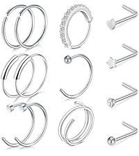 LAURITAMI 10 Pièces 20G Piercing Nez Mince, Piercing Nez Acier Chirurgical En Forme De L,nose Anneaux Avec Zirconium Pour Femmes Et Hommes