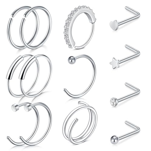 LAURITAMI Nose Ring Set Stainless Steel L-Shaped & Hoop Nose Studs 20G 13 Pieces
