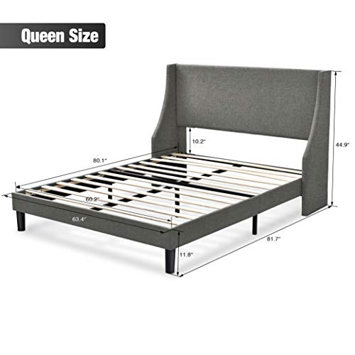 Hoomic Queen Size Bed Frame, Modern Fabric Upholstered Wingback Platform Bed With Headboard, Strong Wood Slats Support, Mattress Foundation, No Box Spring Needed, Easy Assembly, Light Grey #TOP5