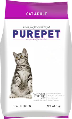 Image of Purepet Adult Dry Cat Food 1kg Pack | Real Chicken Flavour | Prevents Hairballs | Supports Cardiac Function | Promotes Skin Wellness | Enriched with Taurine