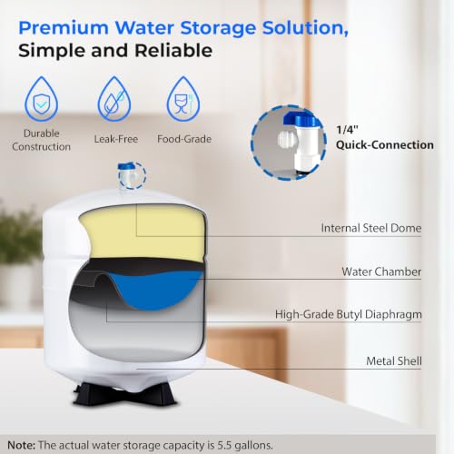 Image of iSpring T55M 5.5 Gallon Residential Pre-Pressurized Water Storage Tank for Reverse Osmosis (RO) Systems , White