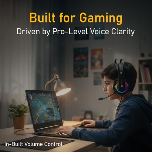 Image of Portronics RAVN Premium Wired Over Ear Gaming Headphone with Boom Mic, Soft Head Support, RGB LED Lights, 40mm Dynamic Driver, 1.5M Cable Length, Lightweight, 3.5mm + USB A Connector (Black)