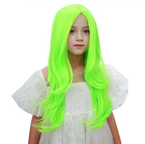Image of Neon Green Wig for Kids Girls Long Green Ombre Middle Part Wig Children Light Green Wavy Curly Wig Heat Resistant Synthetic Wig with Wig Cap
