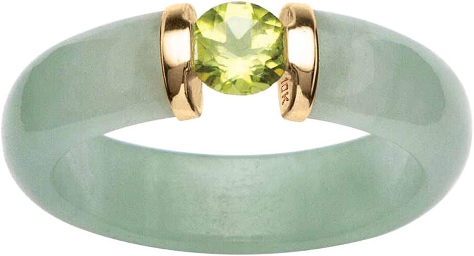 10K Yellow Gold Round Genuine Jade and Round Green Genuine Peridot Ring