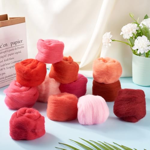 Image of Boutigem 12 Colors 2.11oz Red Wool Roving, Felting Wool for DIY Craft, Needle Felting Wool Supplies, Spinning Wool Roving for Needle Felting, Fiber Wool Yarn for Hand Spinning, Weaving and Blending