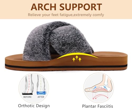 Image of COFACE Womens Fuzzy Slides Fluff Faux Fur Cross Slippers Open Toe Yoga Mat House Slipper Sandals With Arch Support For Indoor /Outdoor