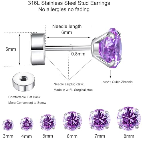 6 Pairs Hypoallergenic Surgical Steel Threaded Ear Studs for Cartilage, Helix, Lobe | Cubic Zirconia Flat Back Earrings for Women | Minimalist Everyday Jewelry Gifts4