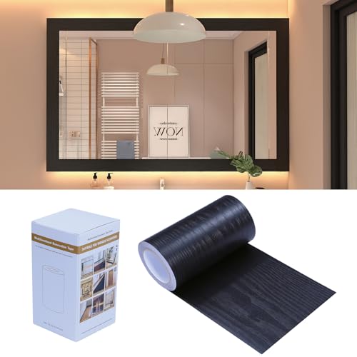 Peel and Stick Self Adhesive Wood Grain Wallpaper Border Removable Waterproof Bathroom Mirror Frame Sticker Chairs, Skirting Boards, Doors, Windows, Floors, Crafts DIY 15 cm x 10 m, Black
