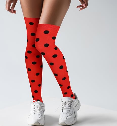 Image of Violet Mist Thigh High Socks for Women Novelty Polka Dot Over the Knee High Socks Black Funny Extra Long Sock Thigh Highs