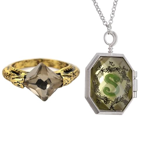 JinYu 2 Set Horcrux Necklace and Magic Ring Stone Retro Bronze Jewelry Cosplay for Fans (Grey)
