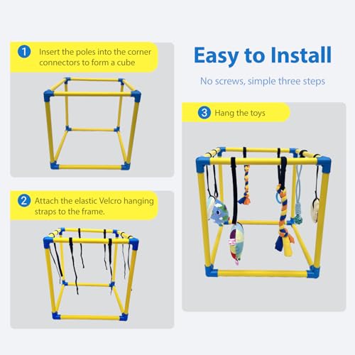 Dewonch Welpenspielstudio mit 8 hängenden Spielzeugen, kleine Hunde Indoor Dschungel Gym, PVC-Rahmen mit Bungee-Gurten Bereicherung Activity Center