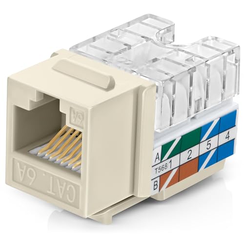 Image of Everest 90 Degree RJ45 Cat6A Keystone Jacks Slim Profile 10-Pack Ivory | Compatible with 90 Angled Speed Termination Tool - easyJACK (B094WB91H3)