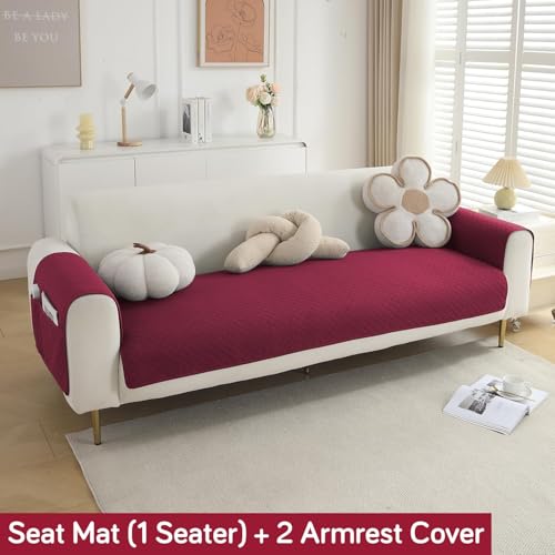 Image of HOKIPO Quilted 1 Seater Sofa Cover Set, One Seat Mat with Two Armrest Covers with Pockets, Maroon (NEW-IN-716+IN-787-MRN*2)