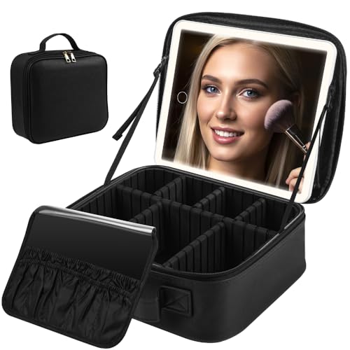 Maleta de Maquiagem, Organizador de Maquiagem com Espelho de LED, Bolsa de Maquiagem com Espelho 3 Luz LED de 3 Cores, Maleta Maquiagem, Bolsa de Cosméticos de Viagem para Mulheres