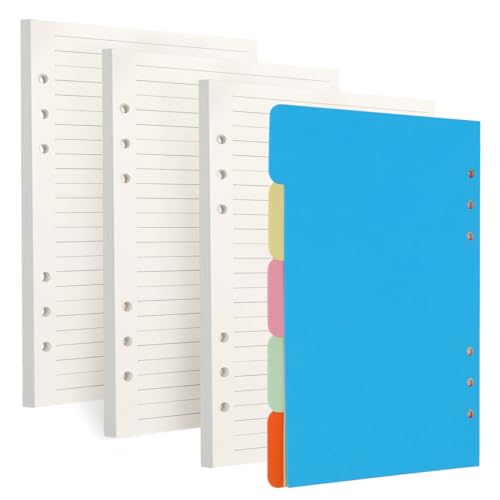 FYY Almohadillas de recambio y divisores – 3 paquetes de papel grueso de 100 g/m², 6 insertos de relleno de agujeros, 135 hojas (270 páginas) con 5 separadores A5 para carpeta de 6 anillas