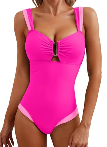 Herseas Women's Two Tone Patchwork One Piece Swimsuit U Hardware Cutout Bathing Suit
