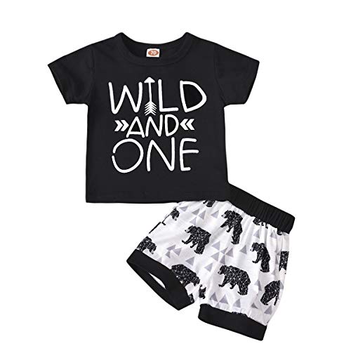 Toddler Baby Boy Clothes Summer Wild One T-Shirt Bear Printing Shorts Newborn Infant Outfit Set 2PC(6-12 Months)