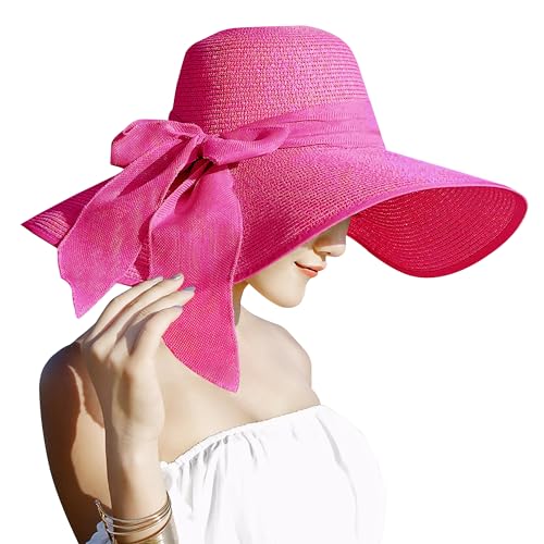 Image of Lanzom Womens Big Bowknot Straw Hat Floppy Foldable Roll up Beach Cap Sun Hat UPF 50+