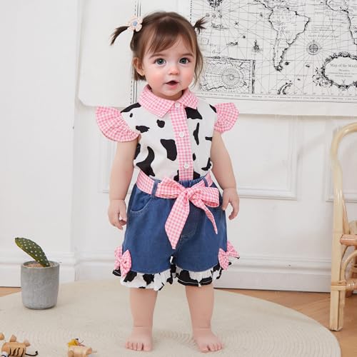 Western Baby Girl Denim Outfits Cow Print Shirt Toddler Ruffle Sleeve Button Down Tops Bowknot Wide Leg Jean Shorts3