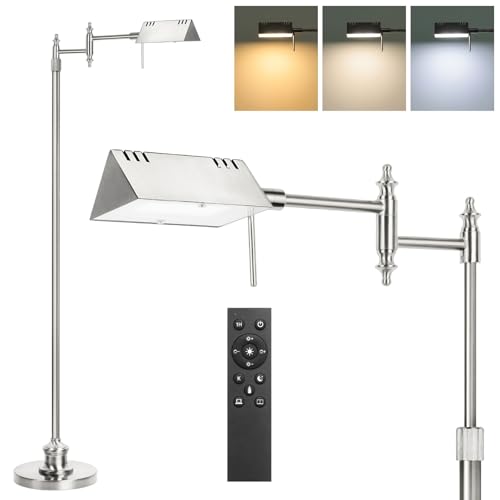 Dimmable Pharmacy Floor Lamp with Remote, 17W LED Reading Floor Lamp with 360°Swing Arm, 3 Color Temperature, Height Adjustable Silver Standing Task Lamp for Living Room, Bedroom, Brushed Nickel
