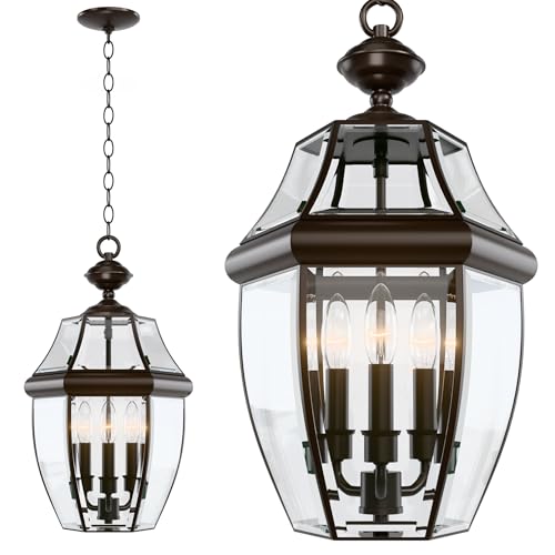 Image of Large Outdoor Pendant Light Fixture 3-Light, 20in Modern Bronze Outdoor Chandelier Hanging Porch Light, Metal Exterior Ceiling Mount Hanging Lantern with Clear Glass for Front Door, Entrance, Gazebo