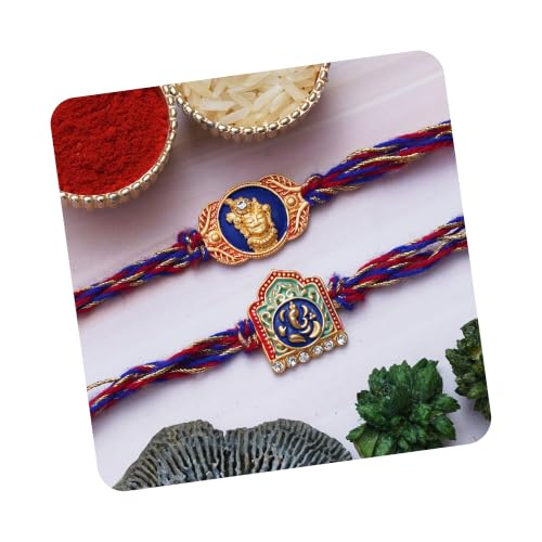 Image of eCraftIndia Unisex Adult Set Of 2 Peacock Feather And Floral Designer Rakhis For Brothers With Roli Chawal