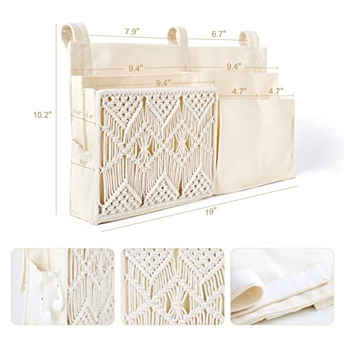Mkono Organizador colgante para mesita de noche, litera tejida con 7 bolsillos, bolsa de almacenamiento de cama, soporte bohemio para revistas remotas con macramé para cama alta, dormitorio - imagen 5