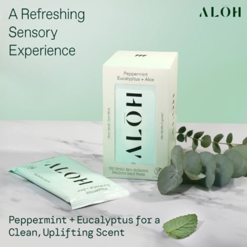 Image of ALŌH Peppermint Eucalyptus + Aloe Hand Sanitizer Wipes, Travel Size | Clean Hands, Clear Mind, On The Go for Kids and Adults | Alcohol Free, Moisturizing, Scented | 6 Pack 20ct Wipes (120 wipes)