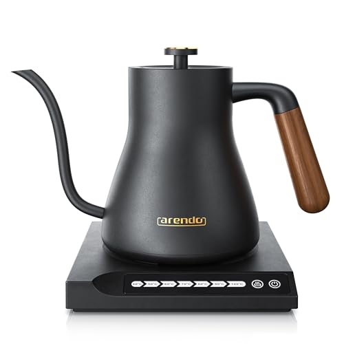 Arendo - Edelstahl Wasserkocher mit Temperatureinstellung - Griff aus Echt Holz - Temperaturauswahl 40° bis 100° - Warmhaltefunktion 30 Minuten – 0,6 Liter – Design Schwarz