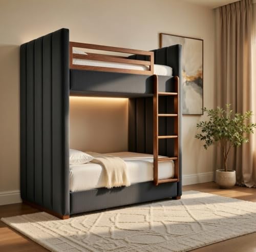 Image of STRATA FURNITURE Solid Wood Velvet Upholstered Bunk Bed with Ladder | Wooden Twin Over Double Bed for Bedroom Living Room and Home (Grey)