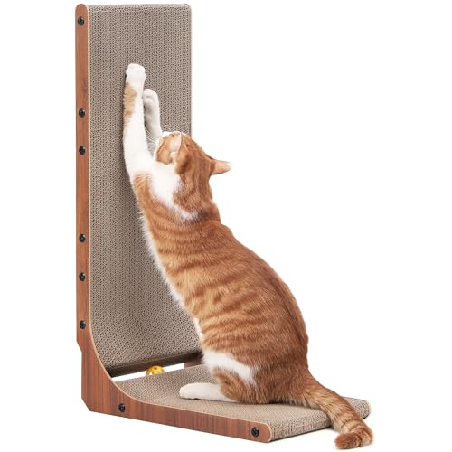 FUKUMARU Griffoire pour Chat, 68 cm Carton à Gratter en Forme de L avec Balle pour Chat d'Intérieur, Couleur Noisette, Lot de 1