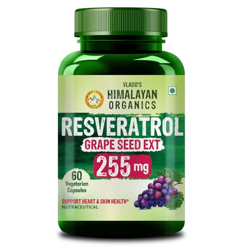 Image of Vlado's Himalayan Organics Resveratrol 255mg with Grape Seed Extract Supplement | Support Heart And Skin Health | Stop Aging | Powerful Anti-oxidant | Anti Aging Supplement for Youthful Skin I Pharma Grade Resveratrol Supplements for Max Absorption - 60 Veg Capsules