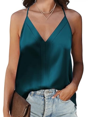 Koerye Top de Satén para Mujer Camiseta de Tirantes Finos Ajustables Top Verano Básica Blusas Sin Mangas Casuales Camisole Chalecos Interiores(Verde,S)