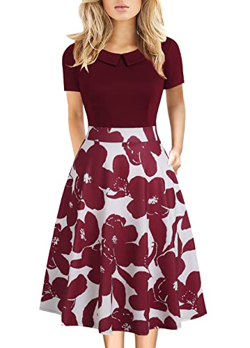 Image of Women's Elegant Vintage Dresses Knee Length Casual Floral Print Work Party Peter Pan Collar A-Line Dress with Pockets 978
