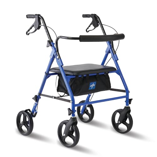 Medline Large Steel Bariatric Rollator Walker with Adjustable Handles, Padded Seat & Backrest, Blue, 500 lb. Weight Capacity, Foldable, Under Seat Storage, 8' Wheels, for Seniors & Adults
