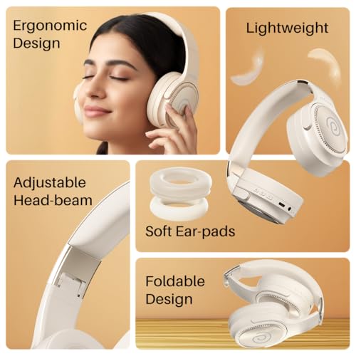 Image of pTron Studio Pro w / 65Hrs Playtime, Wireless Over Ear Headphones with HD Mic, Dual Device Pairing, TruTalk AI-ENC Calls, Low-Latency Game & Music, 40mm Drivers, BT5.4, Type-C Fast Charging (Cream)