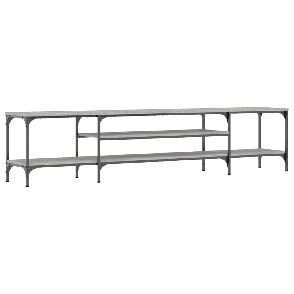 79-Inch Industrial TV Stand, Sonoma Gray Wood and Iron Console | This living room media center features open storage shelves and measures 79 x 14 x 18 inches.