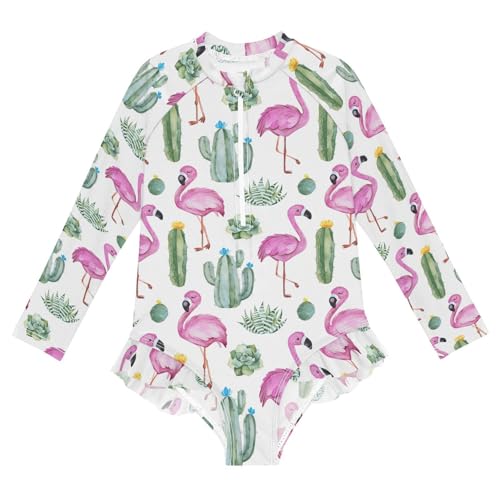 Ollabaky Baby Girls Long Sleeve Swimsuit Green Cactus Succulents Flowers Flamingos One Piece Bathing Suit Rash Guard UPF50+ Toddler Girl Swimwear, 4T
