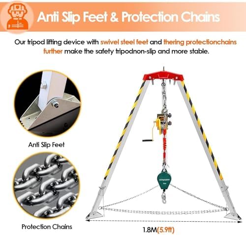 Fall Arrest Kits, Tripod Rescue System - Traditional Aluminum Confined Space Tripod Kit 1200LBS 1800LBS 2600LBS Winch, for Manhole/Tunneling/Cable Trench/S(1800LBS Winch+Fall Protection